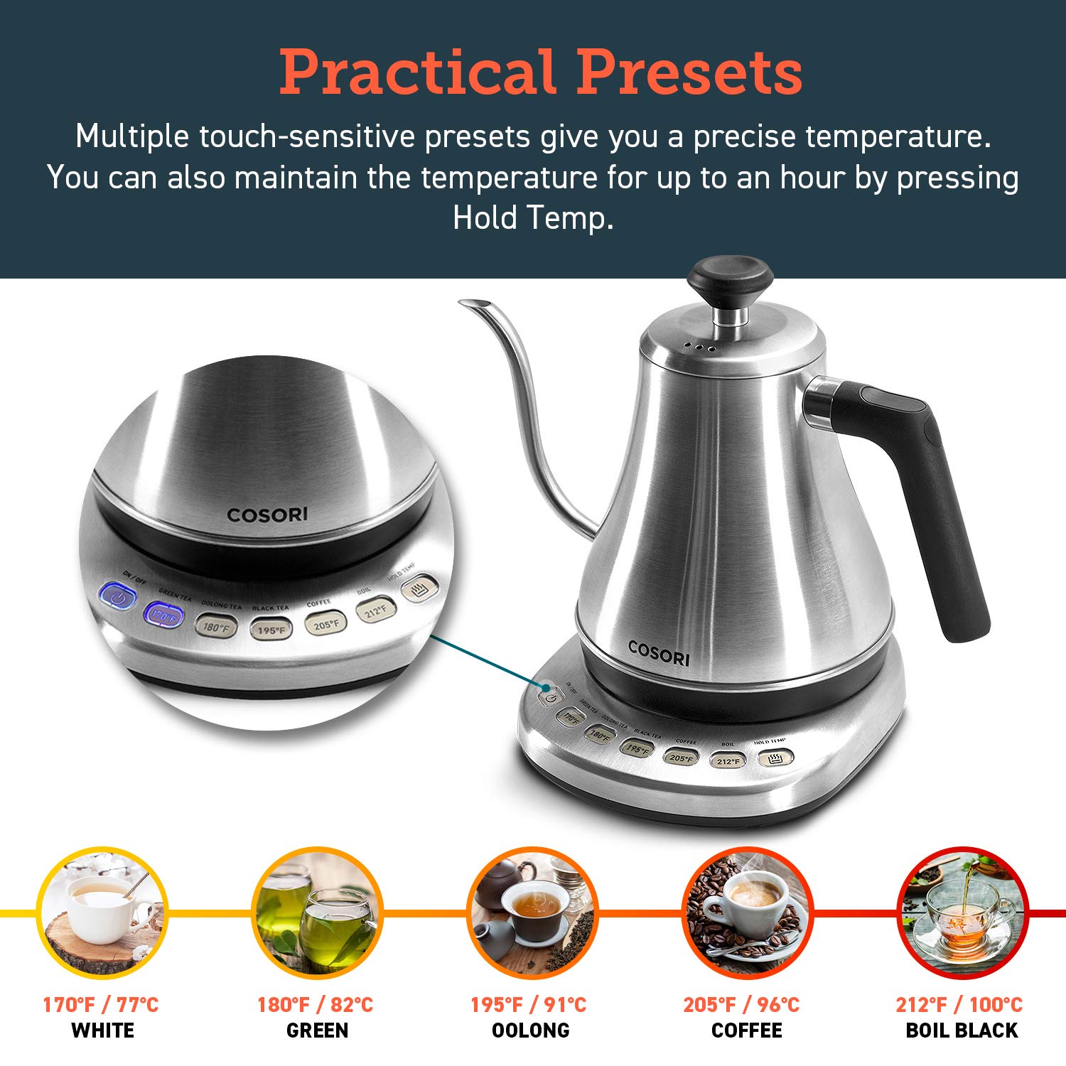 COSORI Electric Gooseneck Kettle 5 Temp Control Pour Over Coffee Tea 0.8L 1200W Stainless Steel