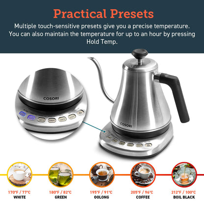 COSORI Electric Gooseneck Kettle 5 Temp Control Pour Over Coffee Tea 0.8L 1200W Stainless Steel