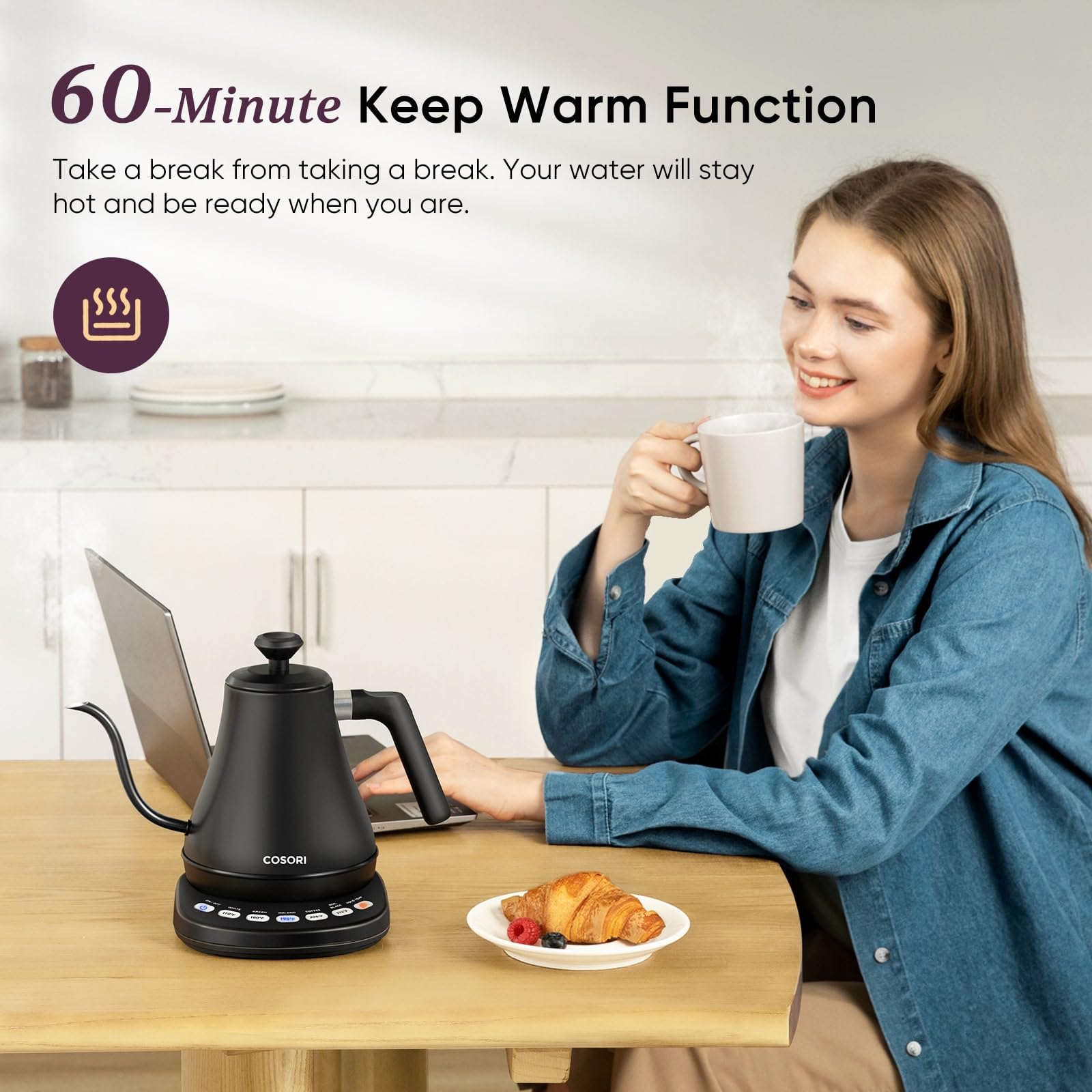 COSORI Electric Gooseneck Kettle 5 Temp Control Pour Over Coffee Tea 0.8L 1200W Stainless Steel