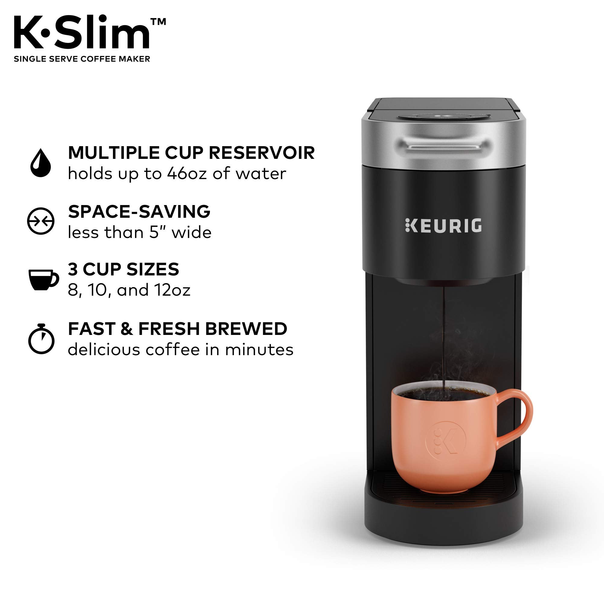 Keurig K Slim Single Serve Coffee Maker Multistream 3 Brew Sizes 46oz Reservoir Black
