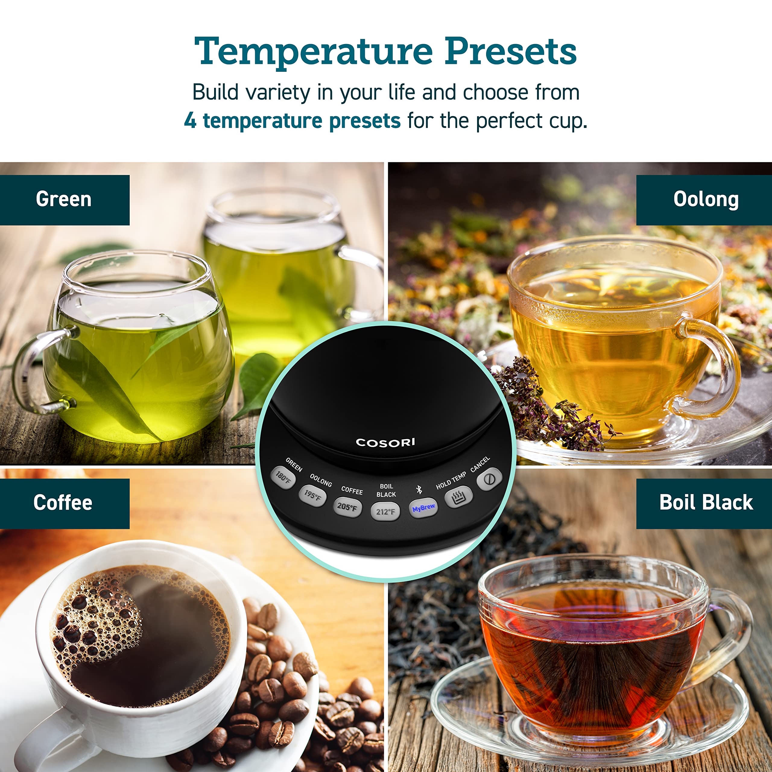 COSORI Electric Gooseneck Kettle 5 Temp Control Pour Over Coffee Tea 0.8L 1200W Stainless Steel